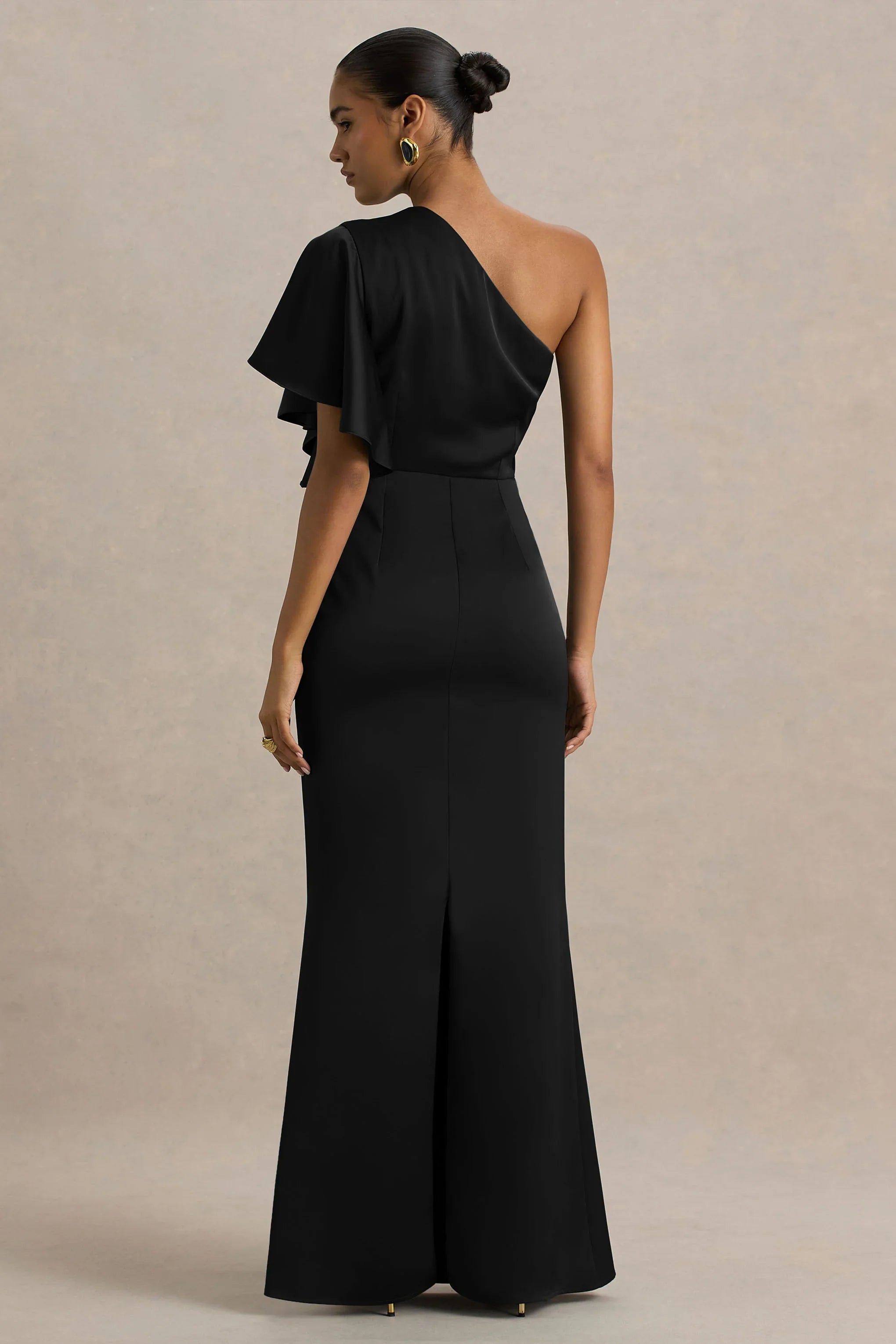 Unforgettable Black Asymmetric Neck Maxi Dress With Ruffled Detailing