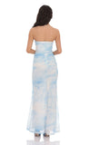 Mesh Strapless Corset Maxi Dress in Blue Tie Dye