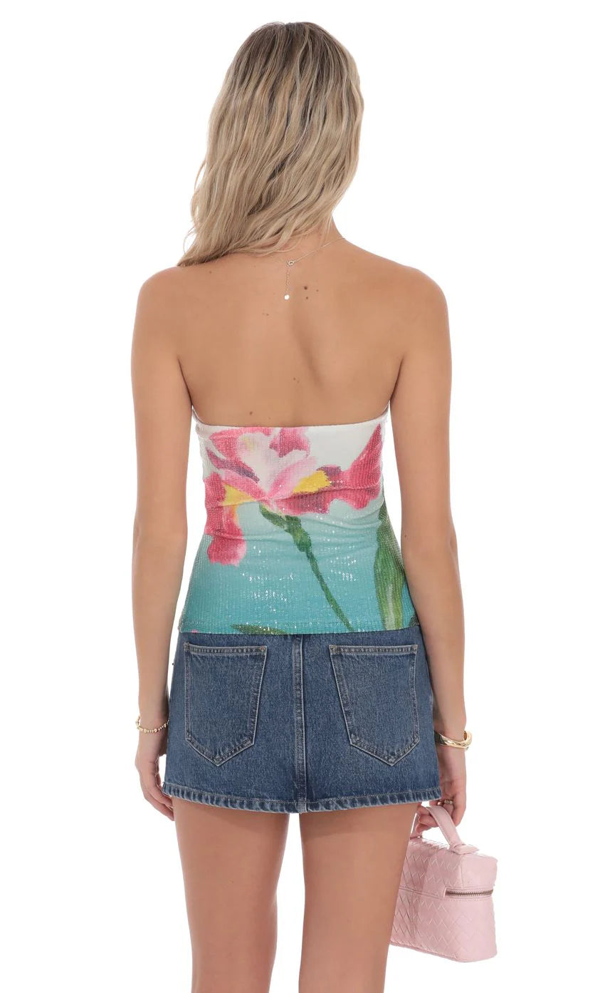 Floral Sequin Top in Tropical Print