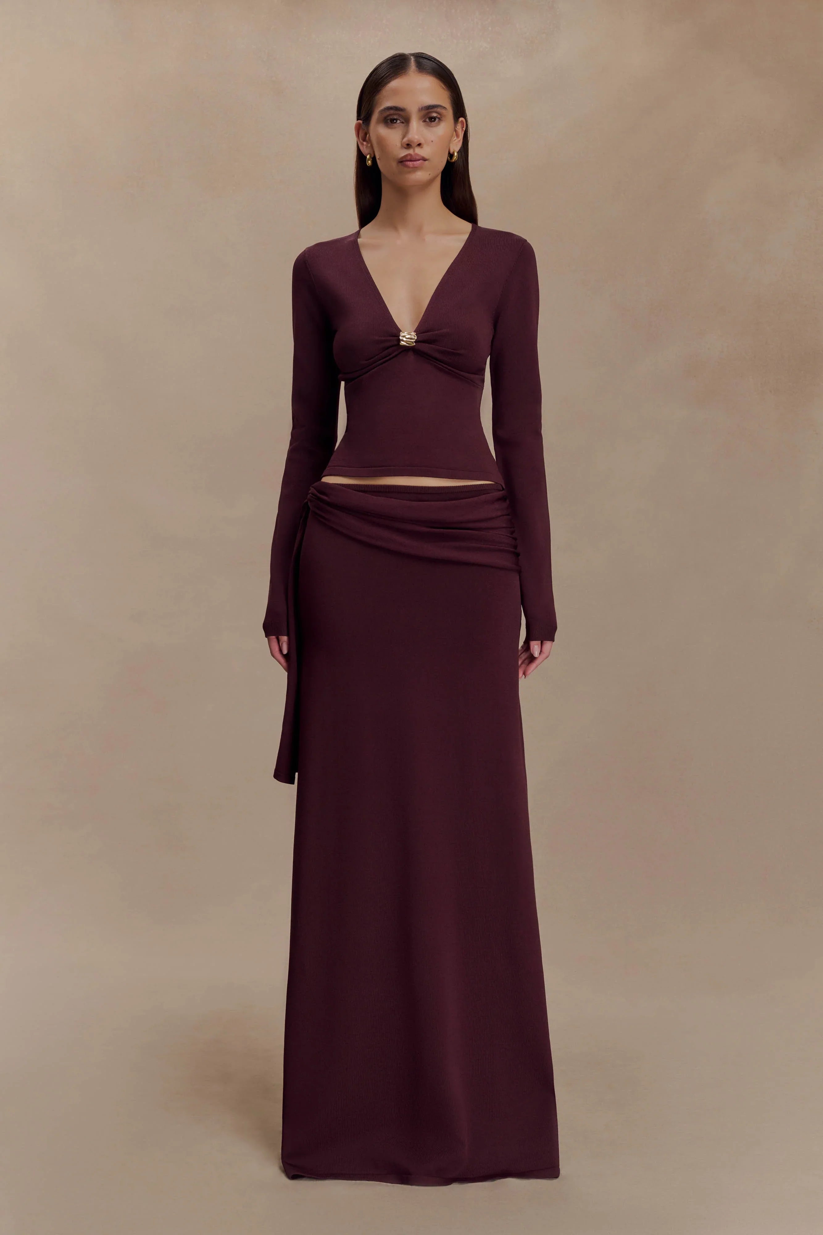 Miraby Front Ruched Knit Long Sleeve Top Dark Chocolate