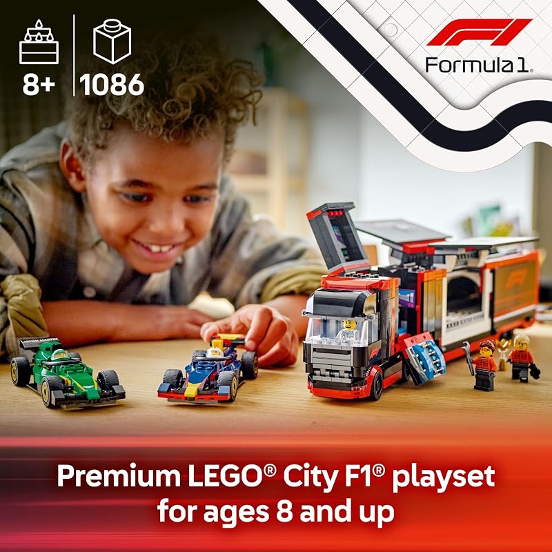 LEGO City F1 Truck with RB20 AMR24 F1 Car Toys Model Car Building Toy Set for Kids Boys and Girls Ages 8 Formula 1 Collectible for Fans Gift Idea for Birthdays 60445