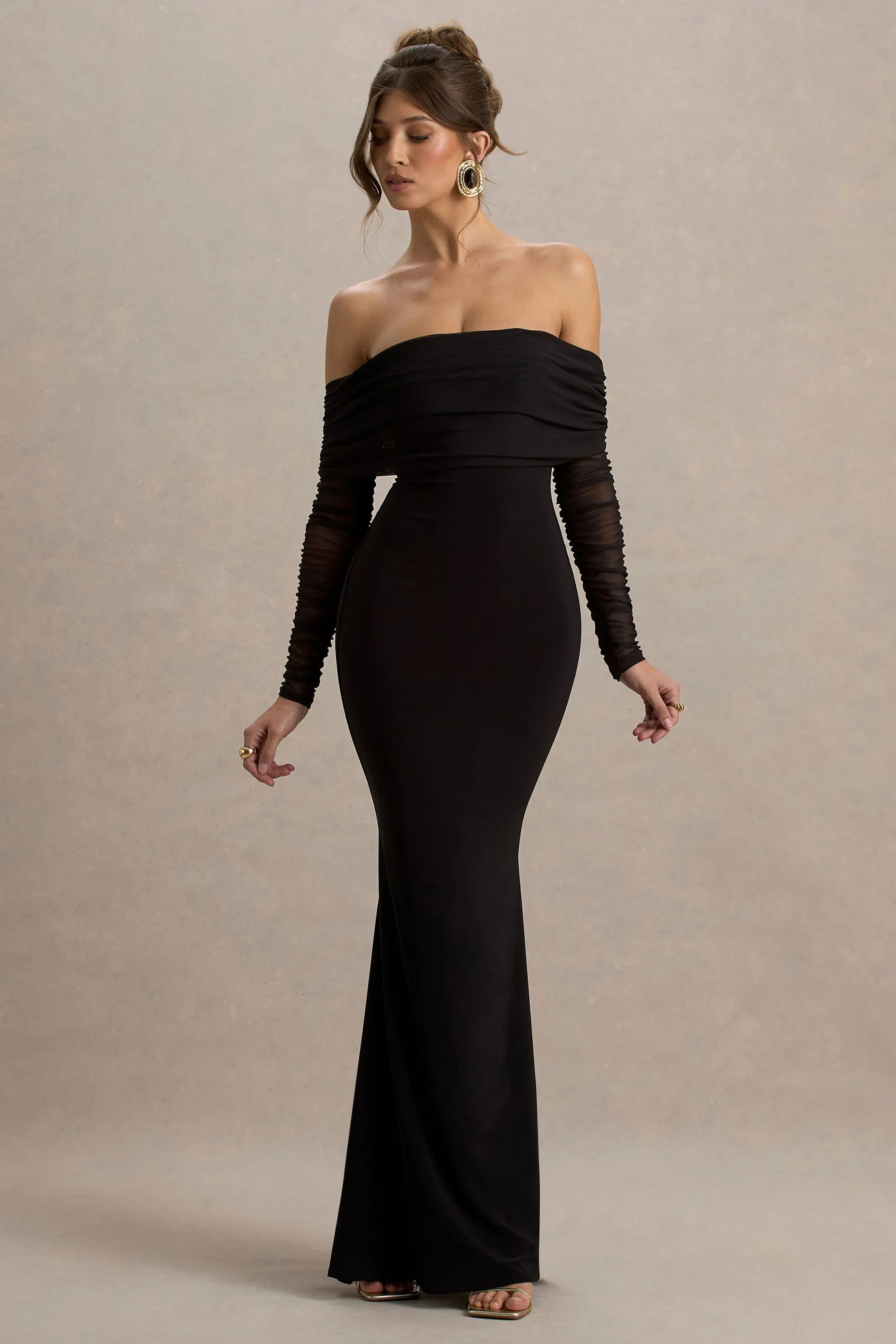 Madeleine Black Fishtail Maxi Dress With Bardot Mesh Long Sleeves