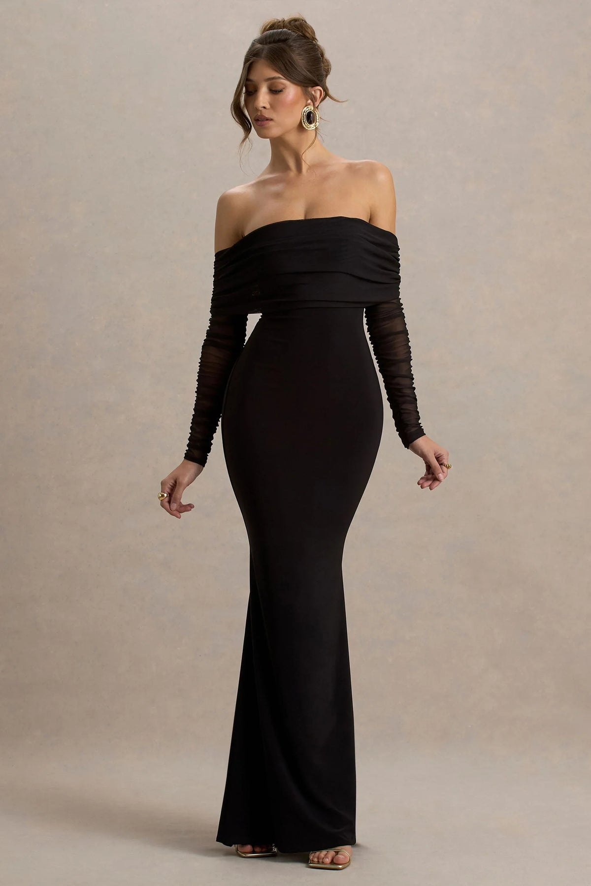 Madeleine Black Fishtail Maxi Dress With Bardot Mesh Long Sleeves