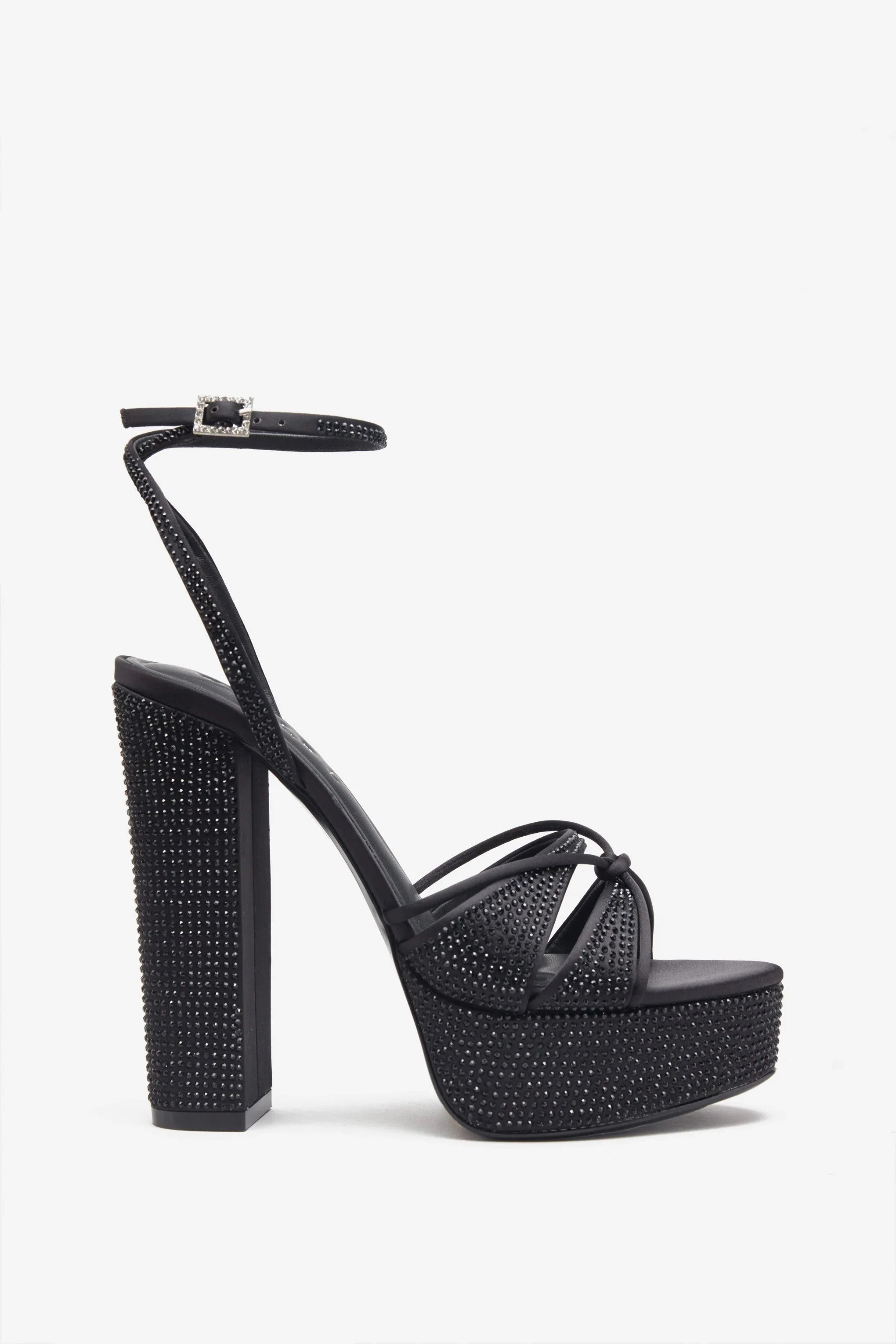 Crystal Cut Black Strappy Heeled Platform Sandals With Diamante Buckles