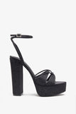 Crystal Cut Black Strappy Heeled Platform Sandals With Diamante Buckles