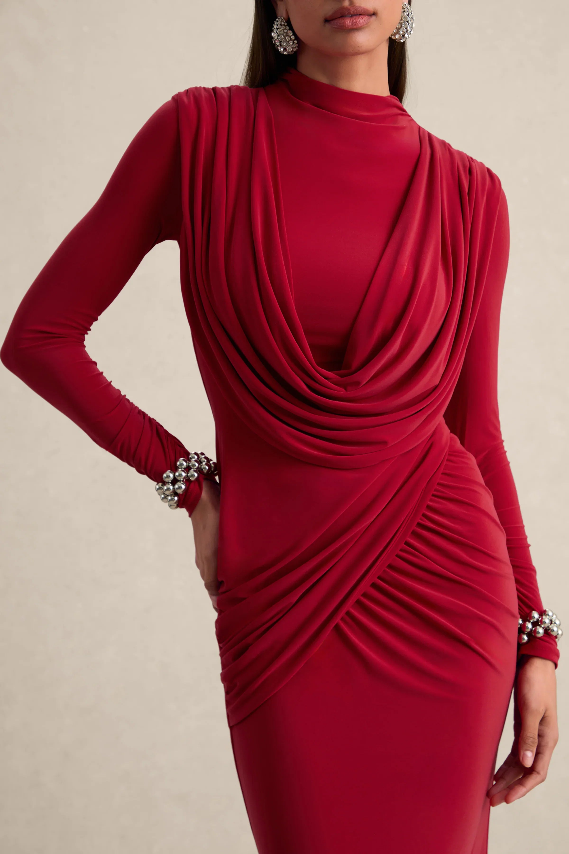 Karinthia Red High Neck Maxi Dress With Draped Detailing