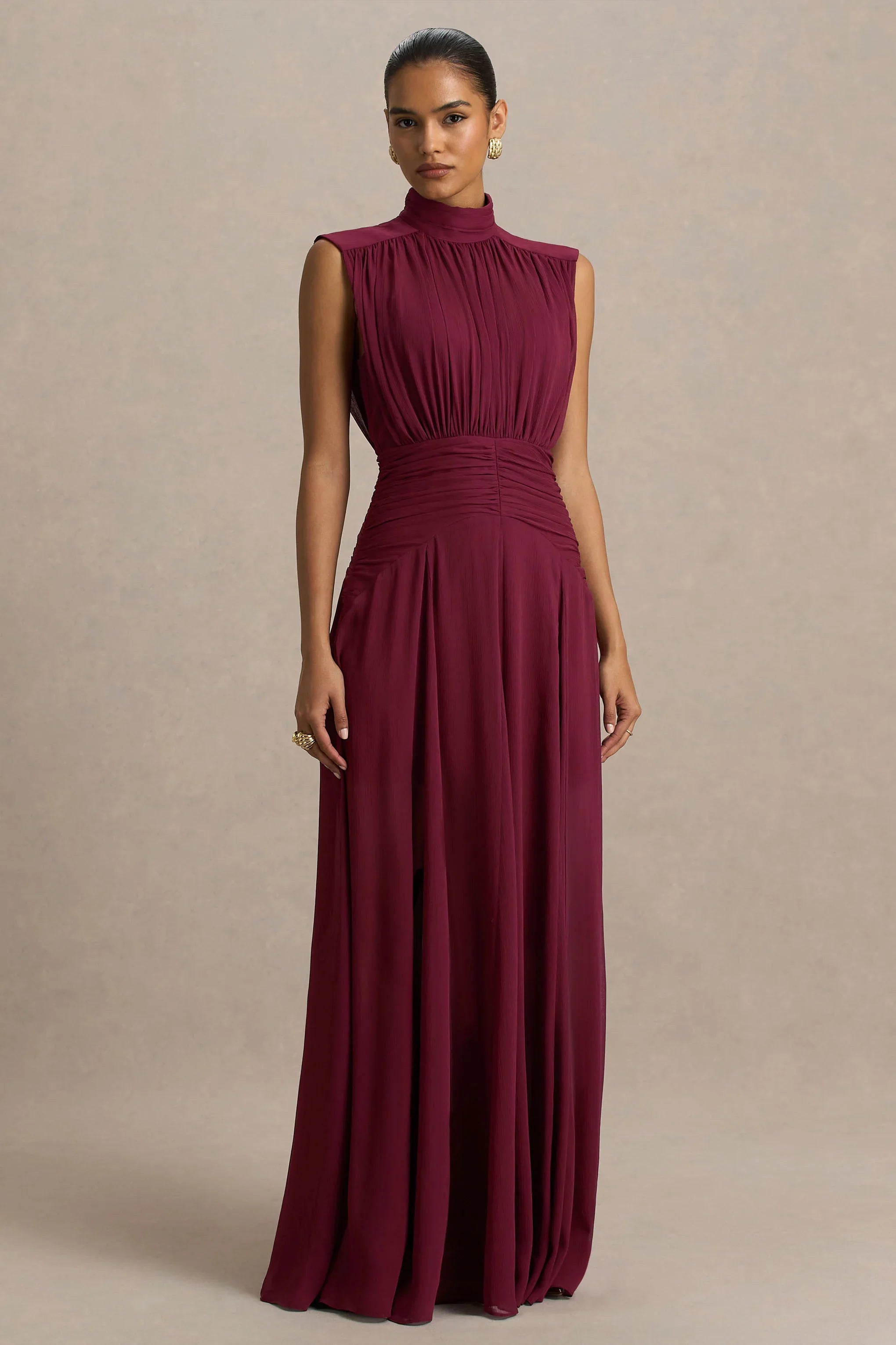 Melanina Burgundy High Neck Maxi Dress With Ruched Detailing