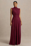 Melanina Burgundy High Neck Maxi Dress With Ruched Detailing