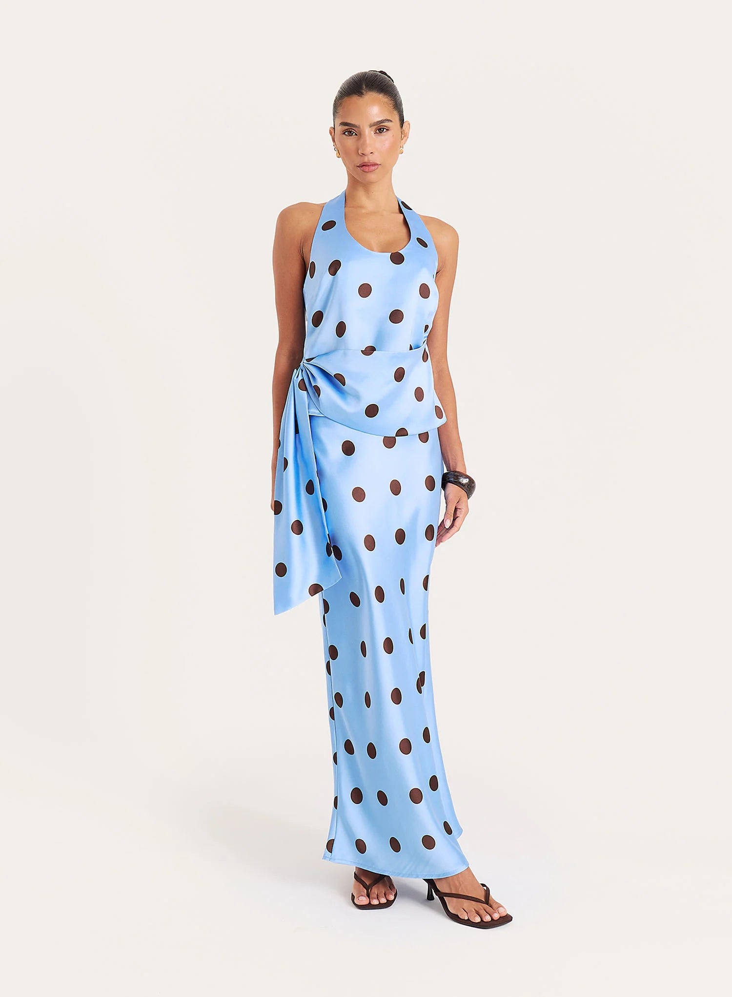 Blue And Chocolate Polka Dot Satin Maxi Skirt