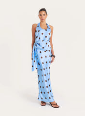 Blue And Chocolate Polka Dot Satin Maxi Skirt