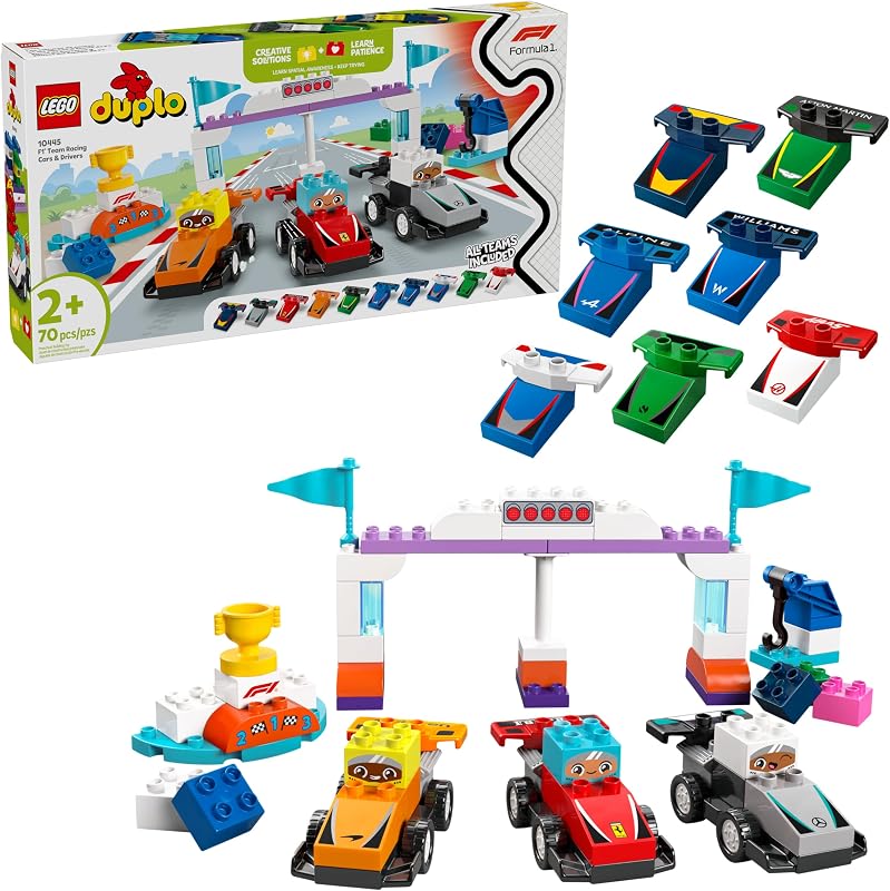 LEGO DUPLO Town F1 Team Race Cars Drivers Building Toy Playset Toddler Toy Cars for Pretend Play Boys and Girls Ages 2 Learning and Educational Gift for Preschool 10445