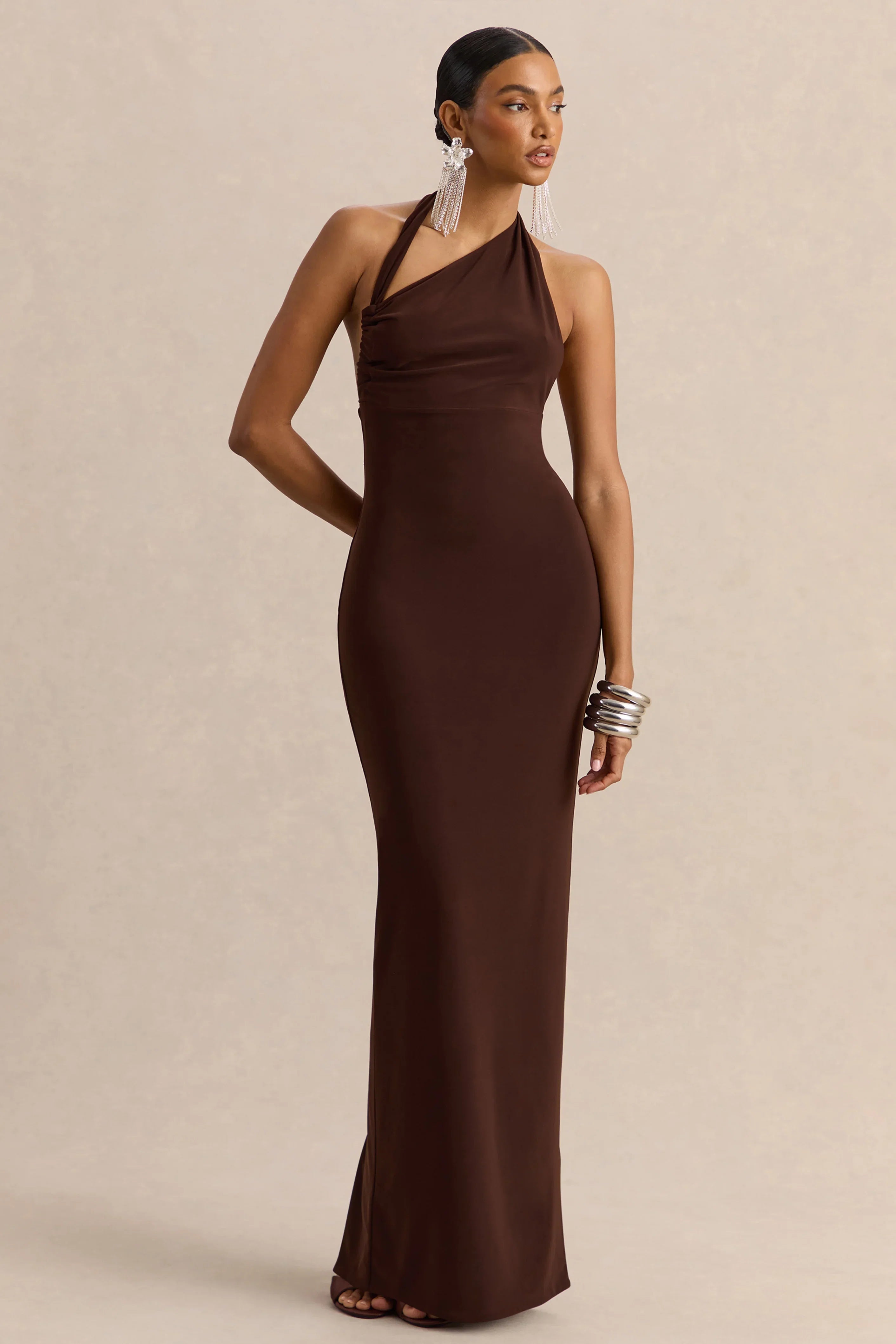 Delisse Brown Asymmetric Neck Maxi Dress