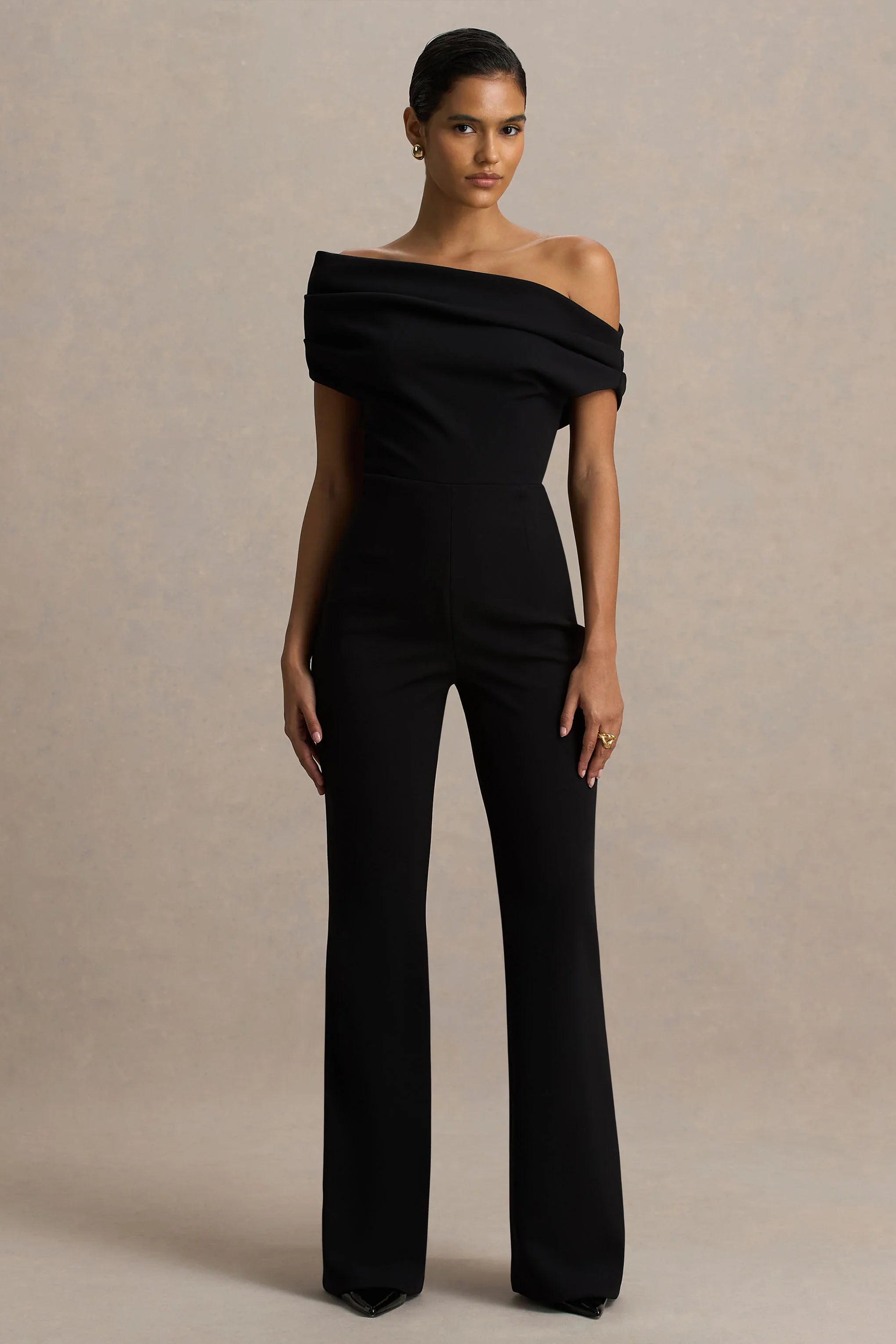 Alexandra Black Asymmetric Neck Draped Jumpsuit