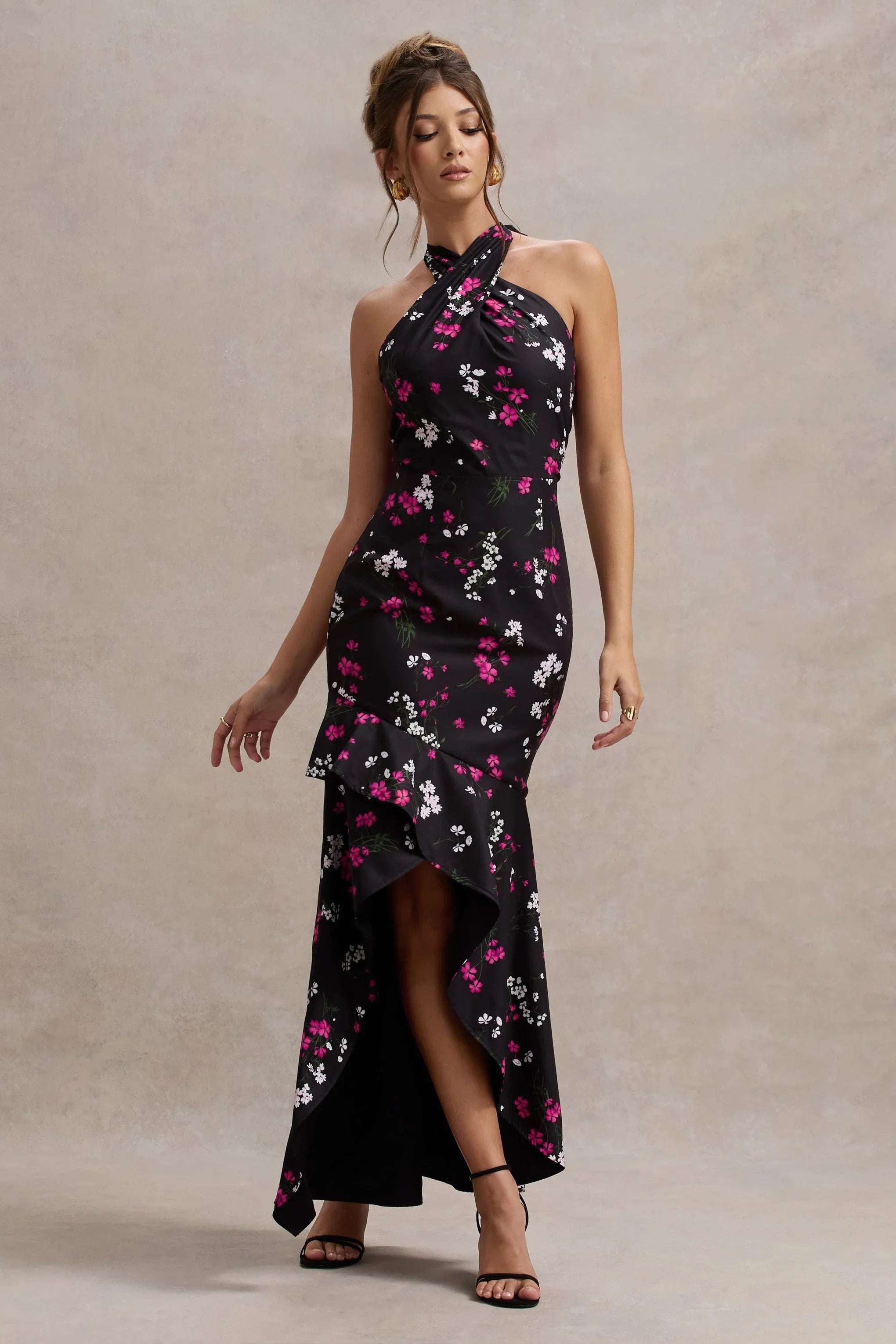Melodia Black Ditsy Floral Print Satin Halter Neck Ruffled Maxi Dress