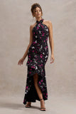 Melodia Black Ditsy Floral Print Satin Halter Neck Ruffled Maxi Dress