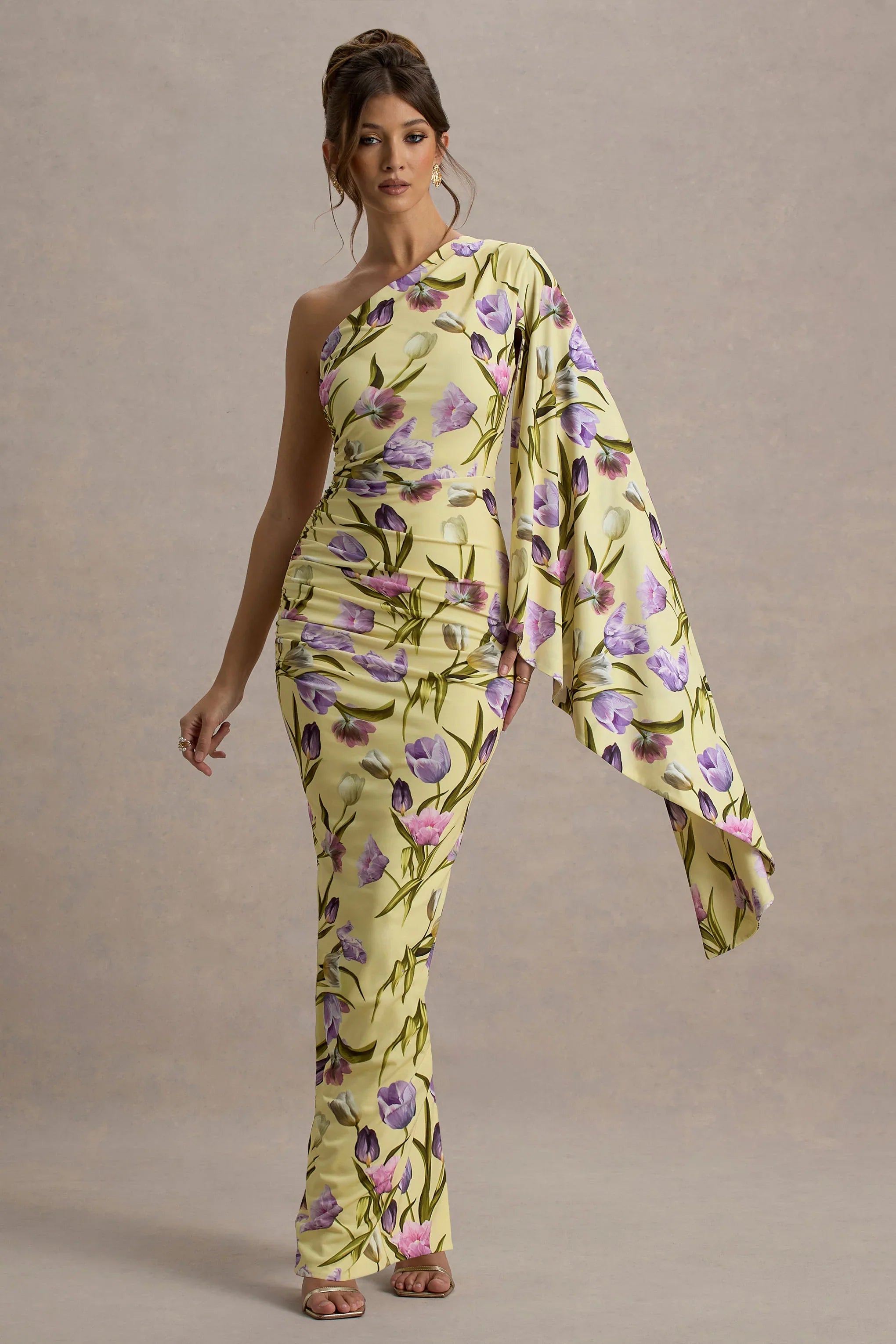 Clementina Tulip Floral Print Asymmetric Cape Sleeve Maxi Dress