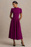 Vicky Mulberry High Neck Midi Dress With Puff Sleeves