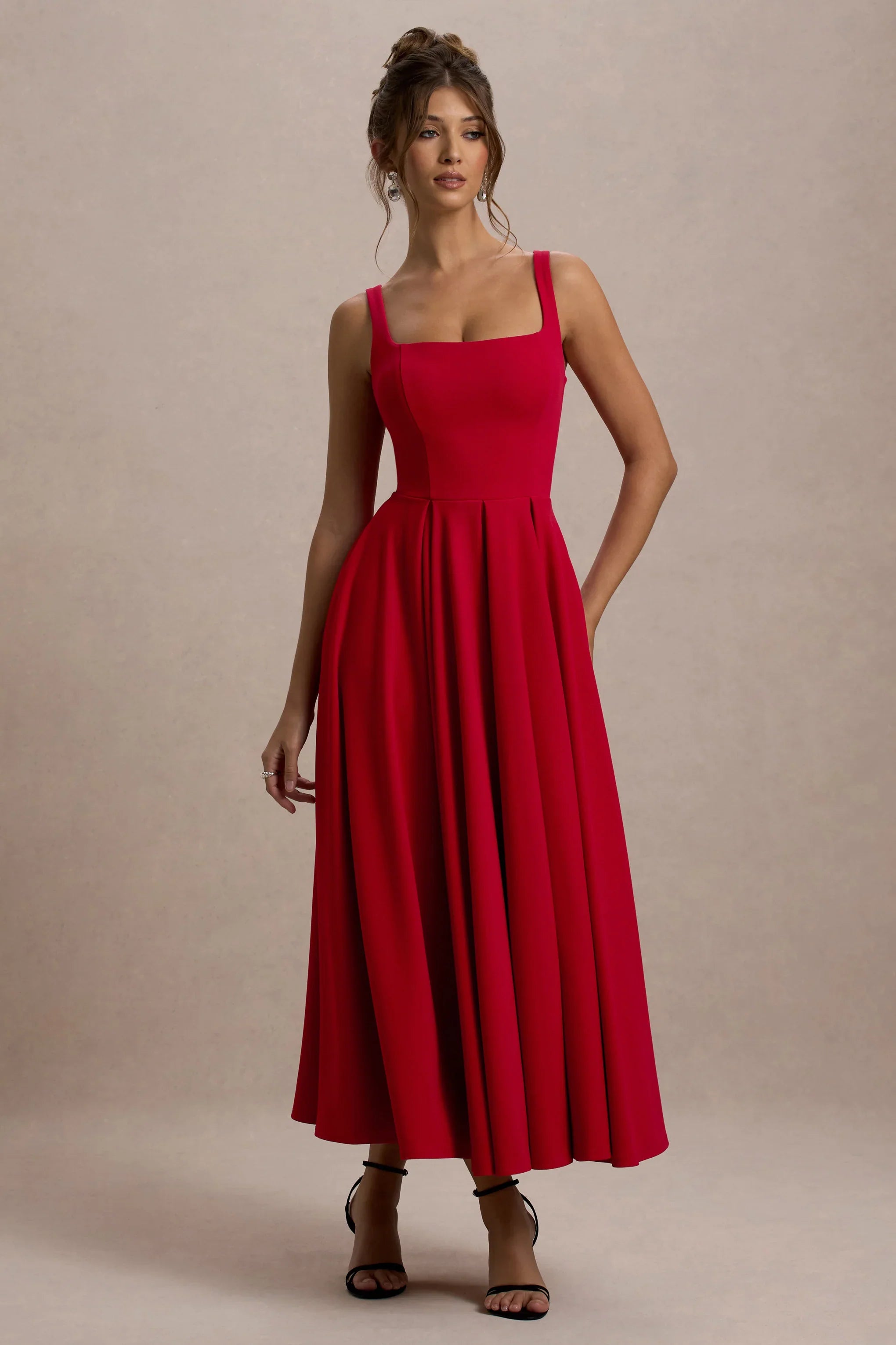 Parina Red Strappy Volume Hem Midi Dress
