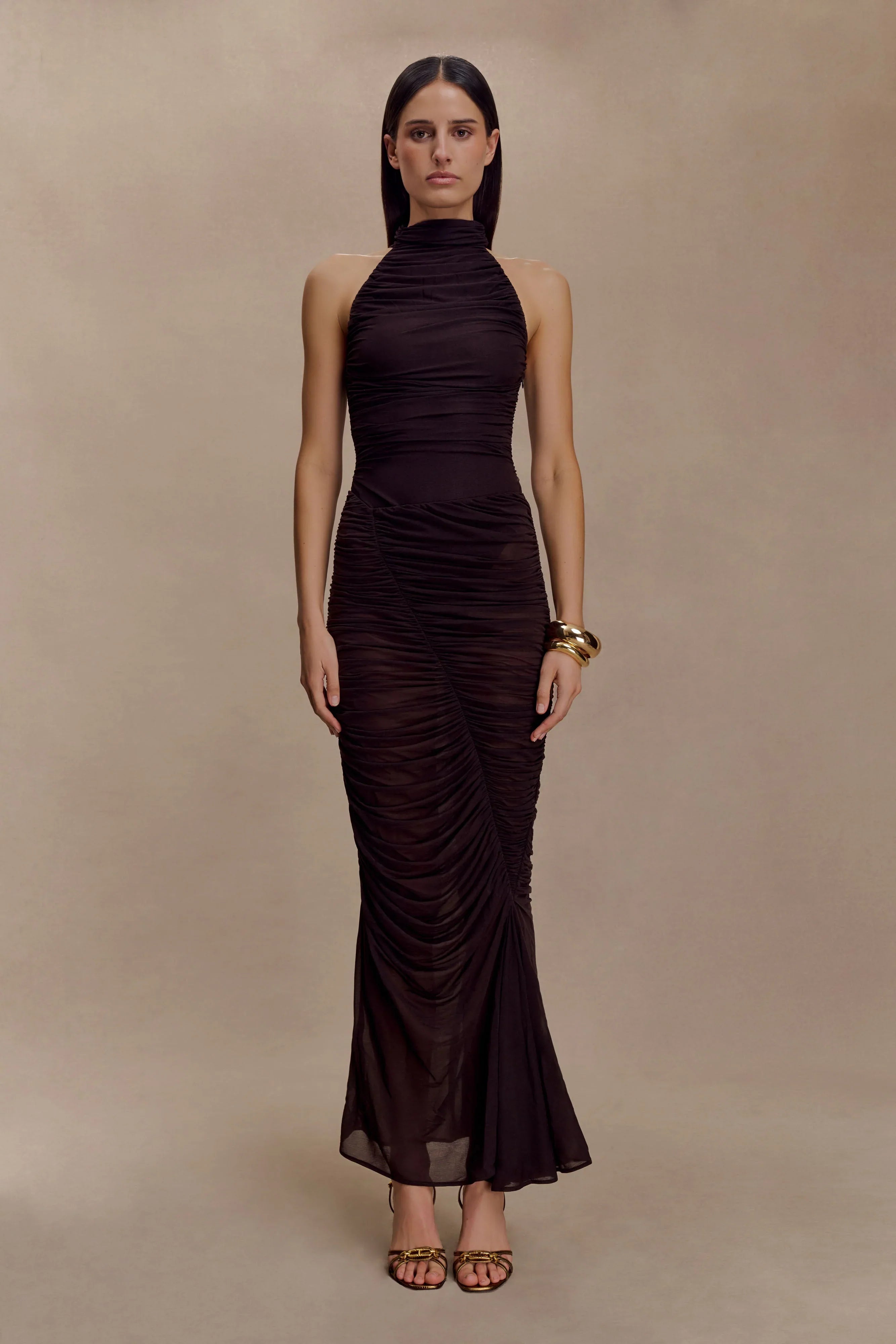 Matilda Ruched Mesh Maxi Skirt Chocolate