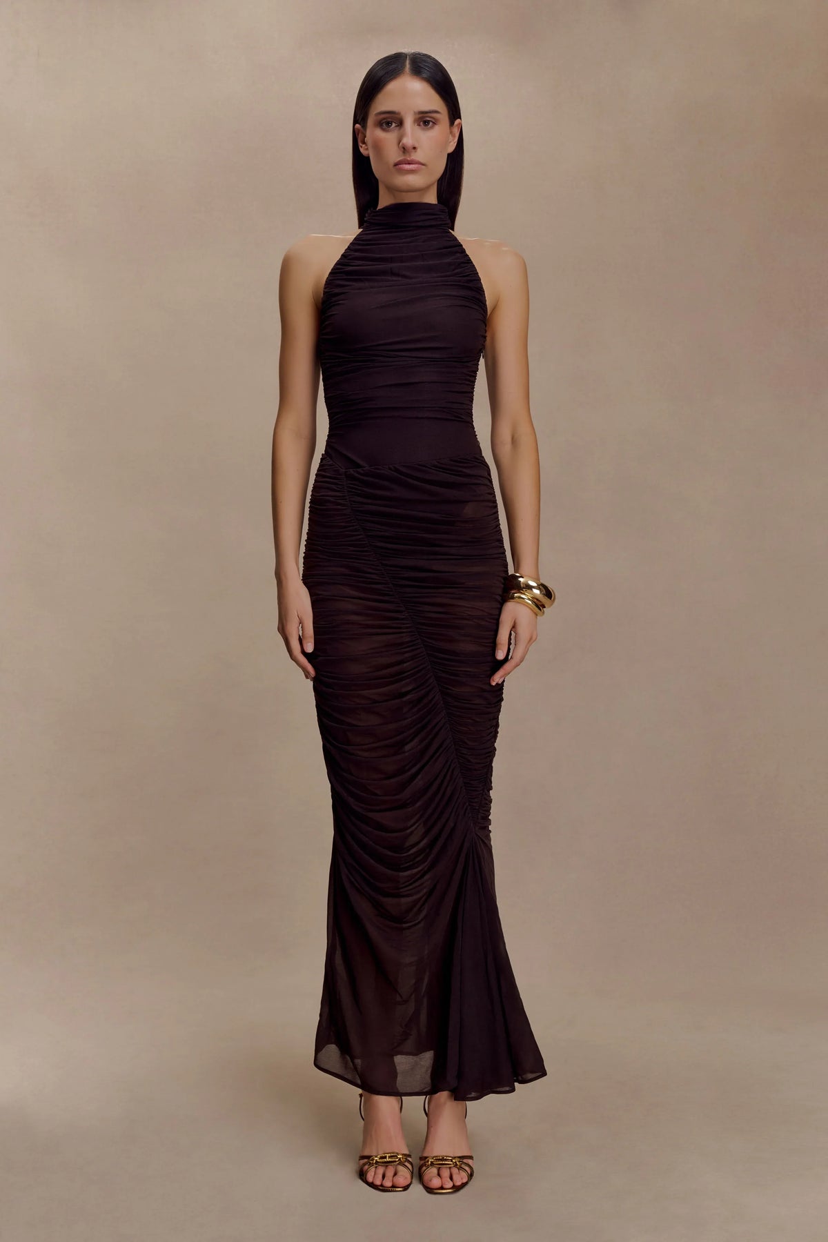 Matilda Ruched Mesh Maxi Skirt Chocolate