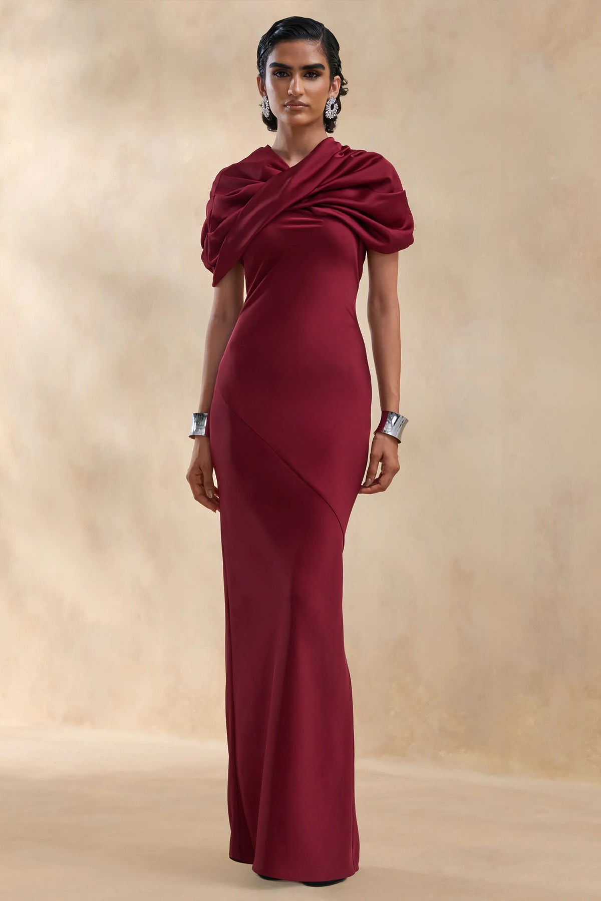 Yoli Burgundy Satin Maxi Dress With Removable Twist Cape