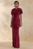 Yoli Burgundy Satin Maxi Dress With Removable Twist Cape