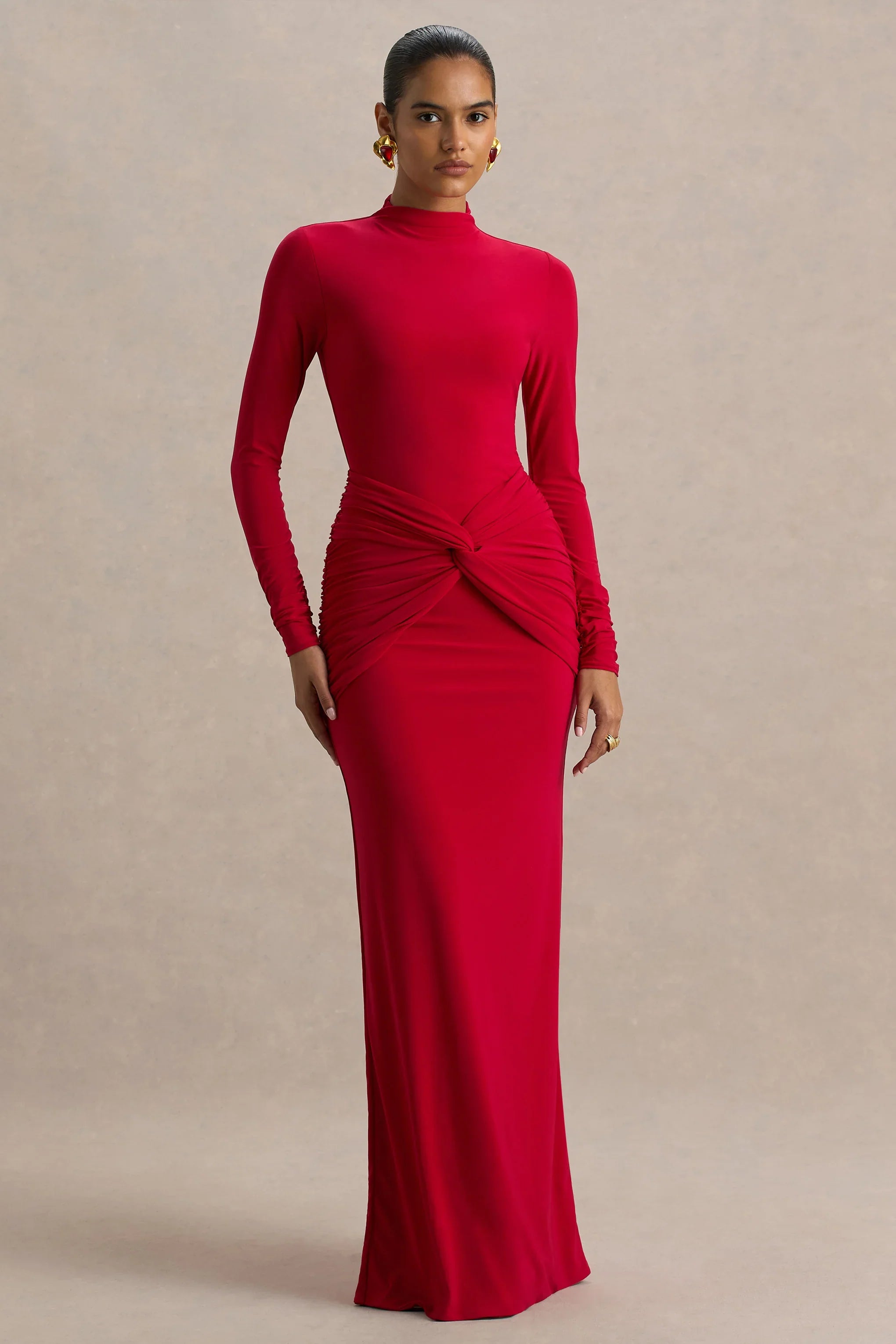 Alula Red High Neck Maxi Dress With Twist Detail