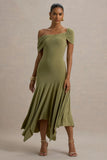 Castor Olive Asymmetric Midi Dress