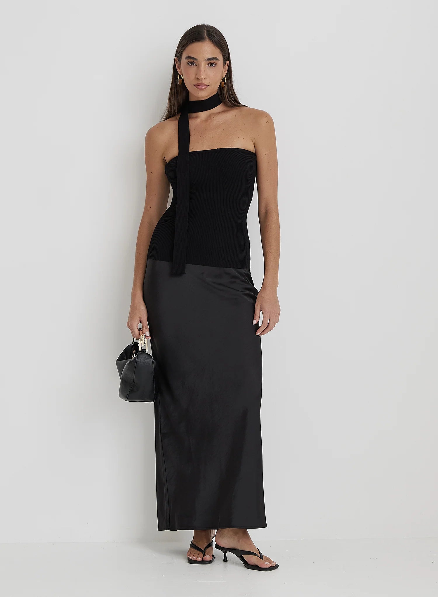 Black Ribbed Knit Bandeau Scarf Top