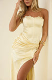 Sasha Yellow Ruched Twist Satin Maxi Dress PRE ORDER