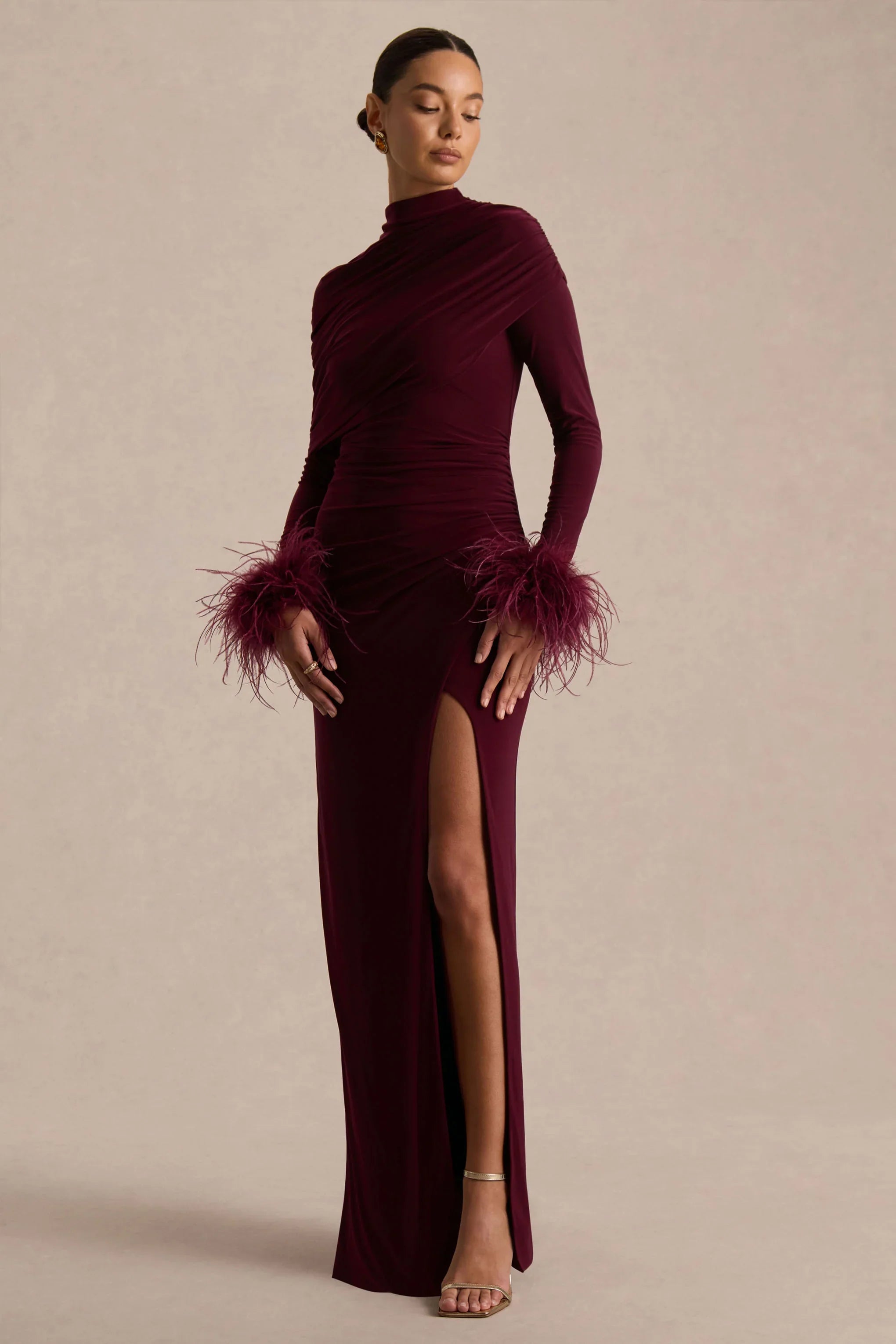 Gatsby Burgundy High Neck Maxi Dress With Feather Trim Cuffs
