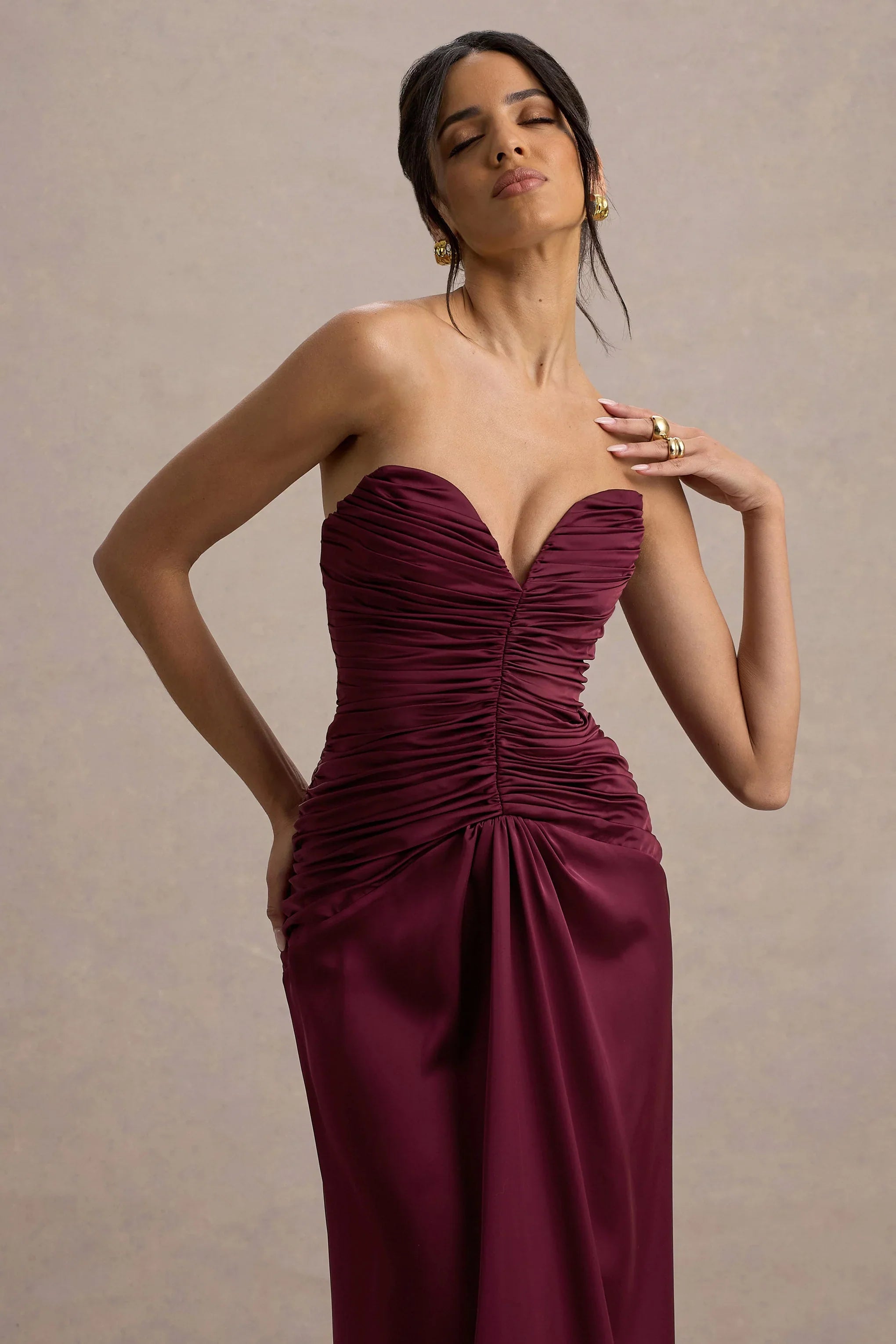 Desirie Plum Satin Sweetheart Gathered Maxi Dress