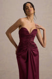 Desirie Plum Satin Sweetheart Gathered Maxi Dress