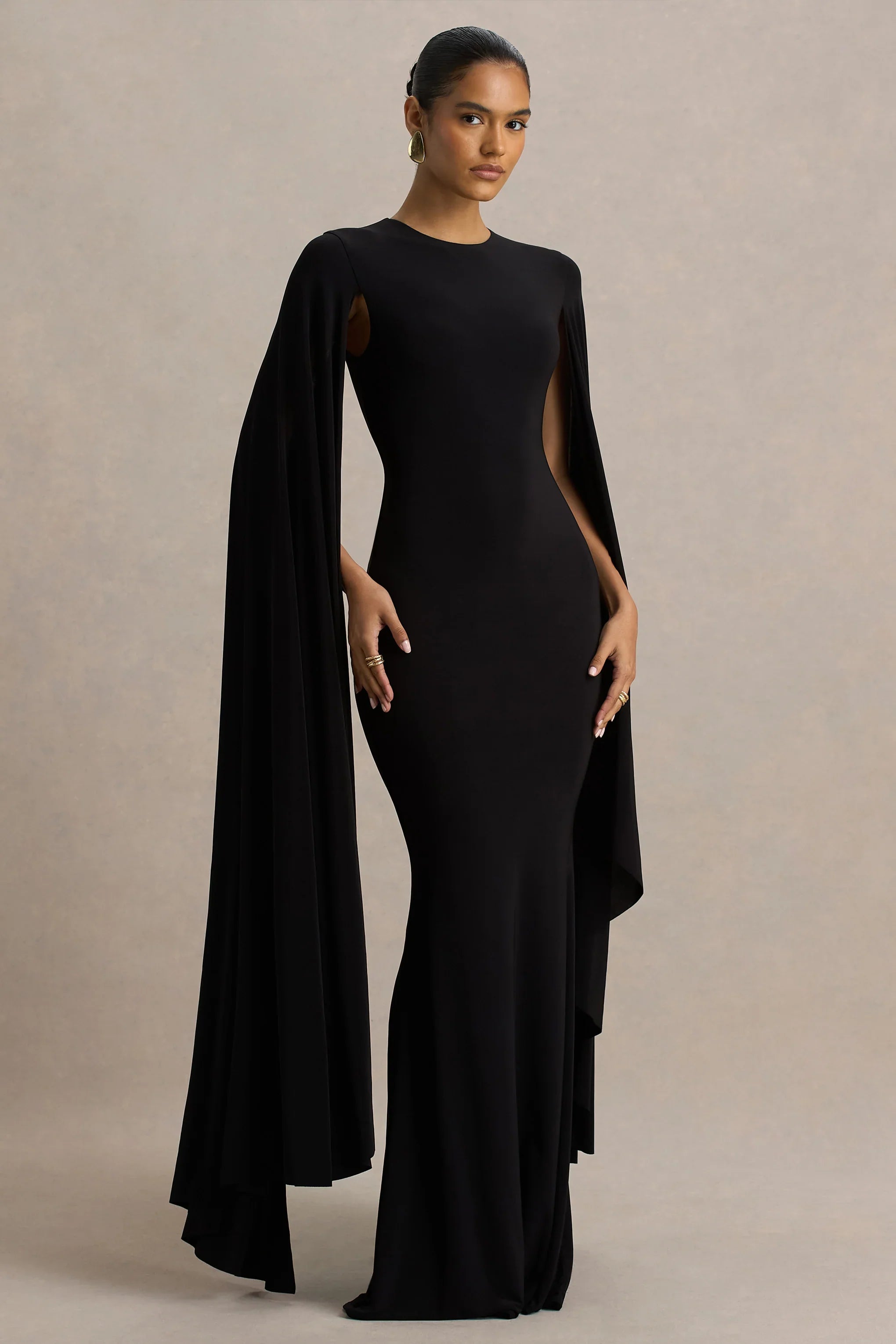 Briony Black Crew Neck Maxi Dress With Cape Sleeves
