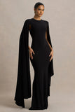 Briony Black Crew Neck Maxi Dress With Cape Sleeves