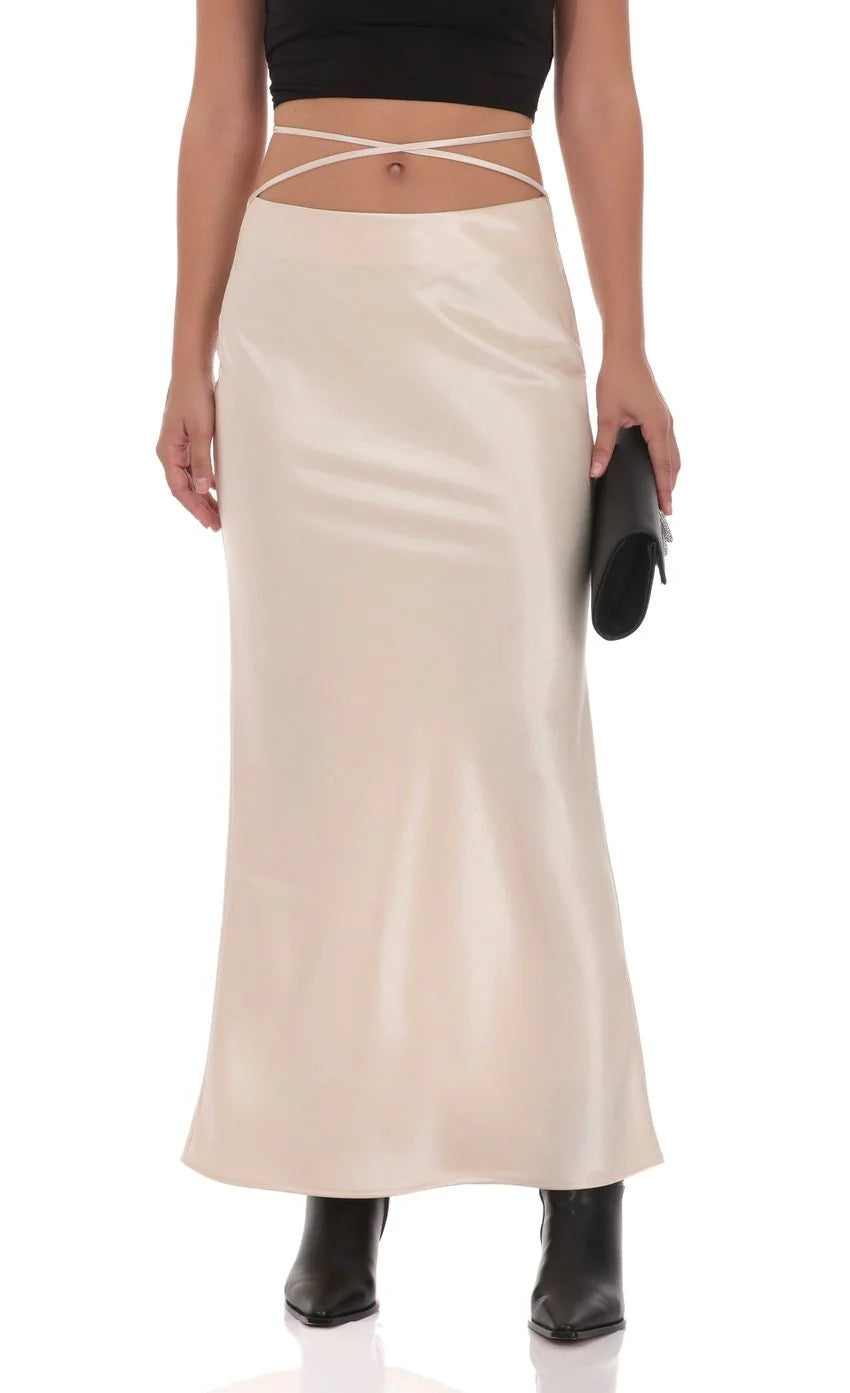 Satin Wrap Maxi Skirt in Champagne