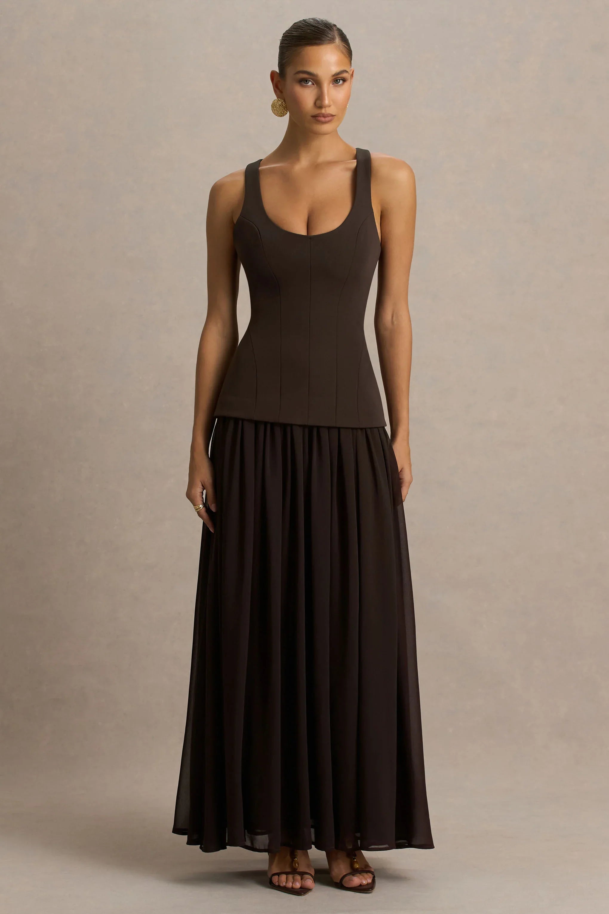 Kelly Brown Scoop Neck Maxi Dress With Pleated Mesh Skirt