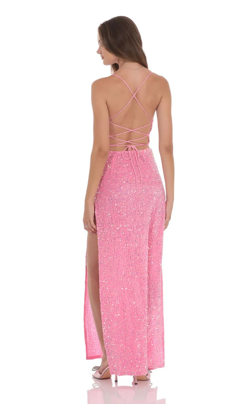Cowl Neck Velvet Sequin Maxi Dress in Pink