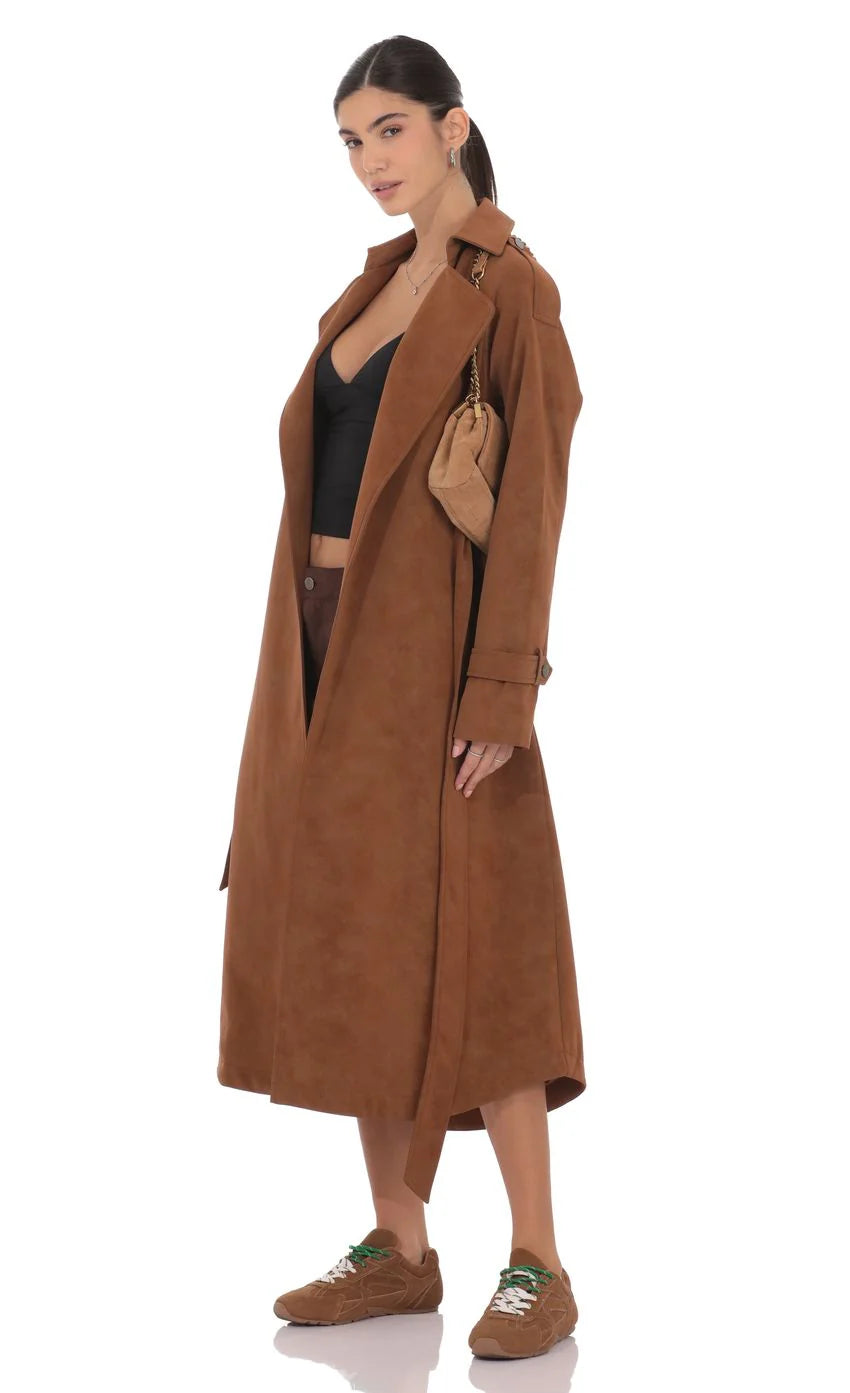 Faux Leather Trench Coat in Camel
