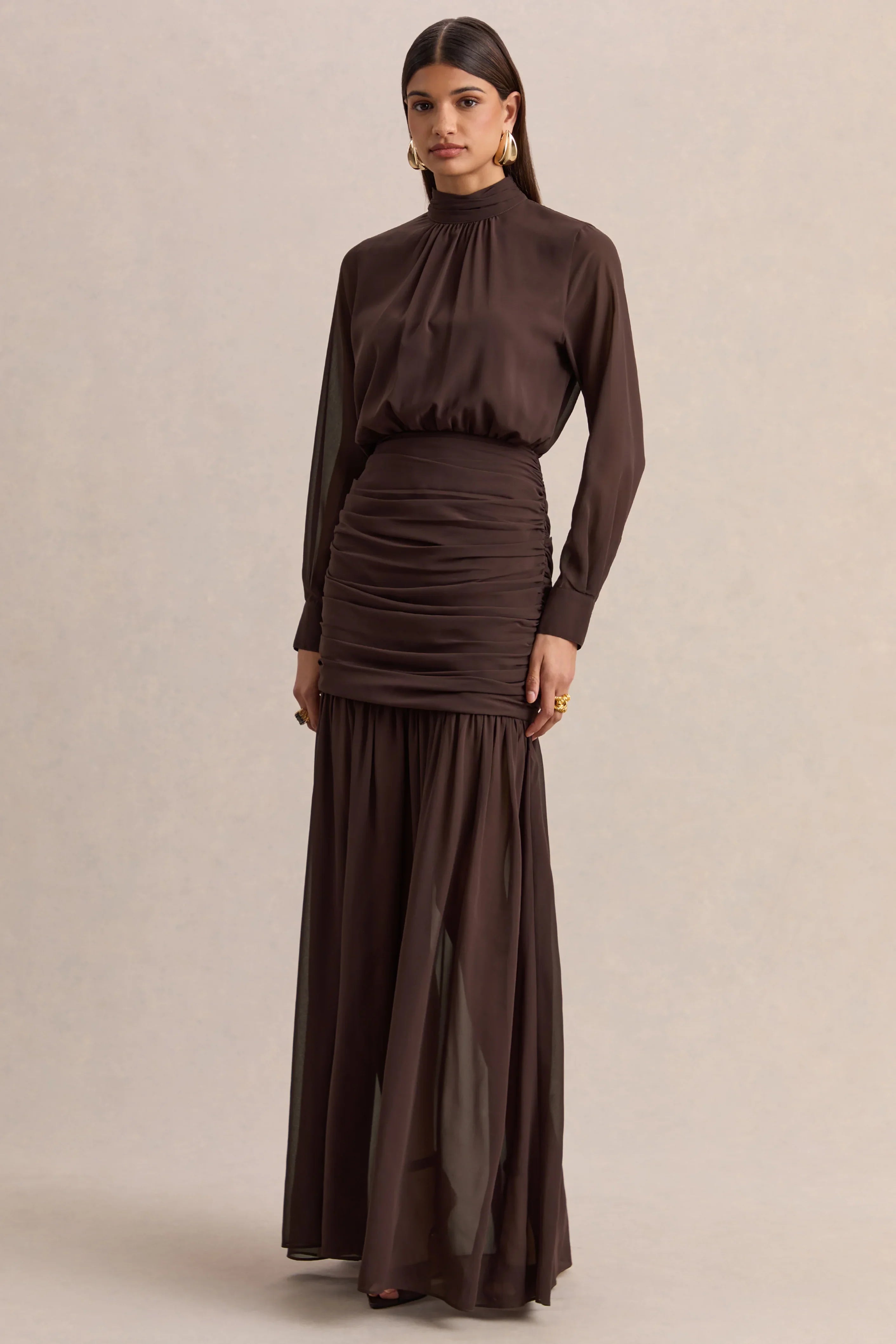 Zella Brown High Neck Maxi Dress With Sheer Skirt