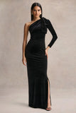 Farryn Black Asymmetric Neck Maxi Dress With Bow Detail