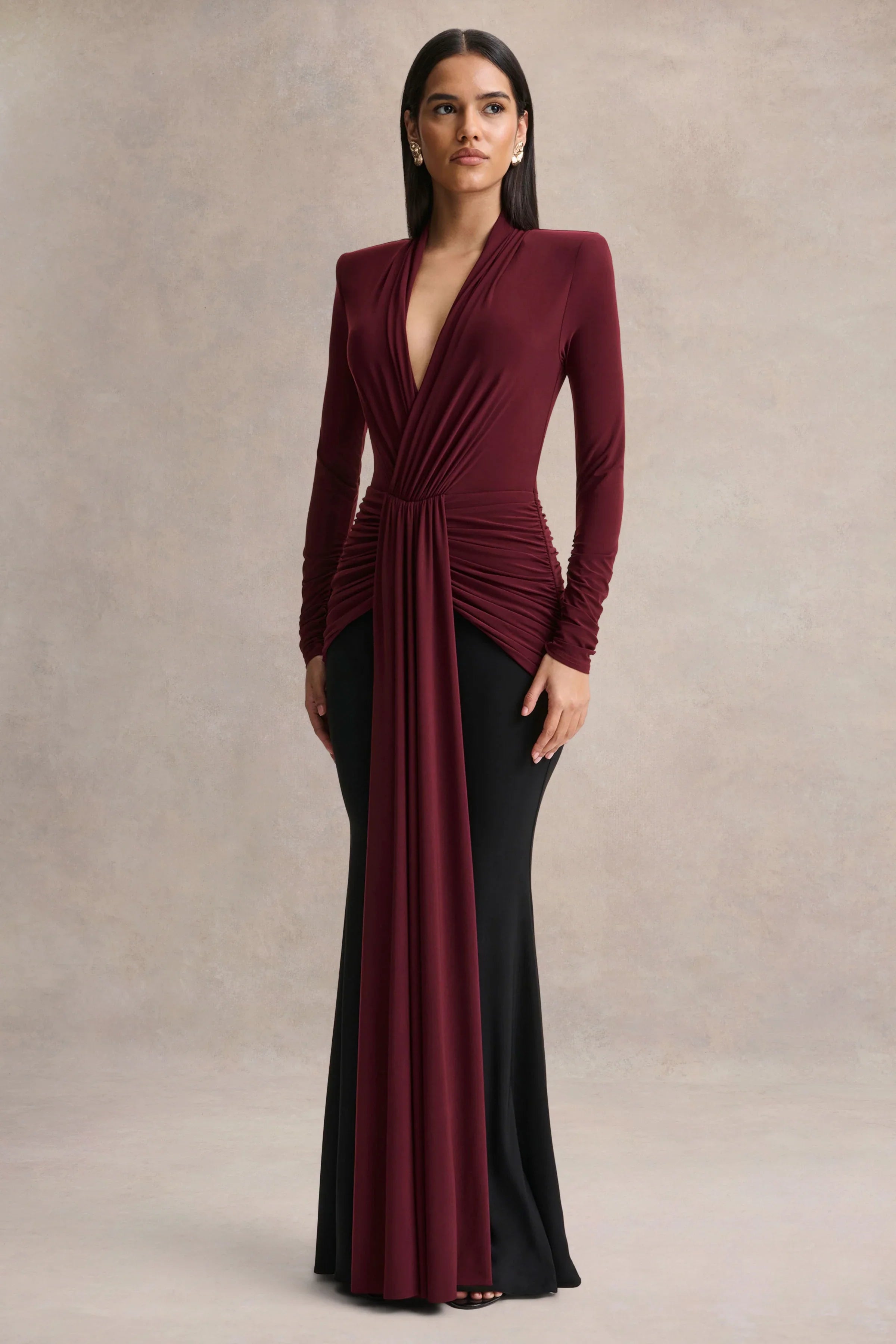 Halston Burgundy And Black Plunge Neck Maxi Dress With Gathered Detailing