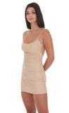 Rhinestone Open Back Bodycon Dress in Beige