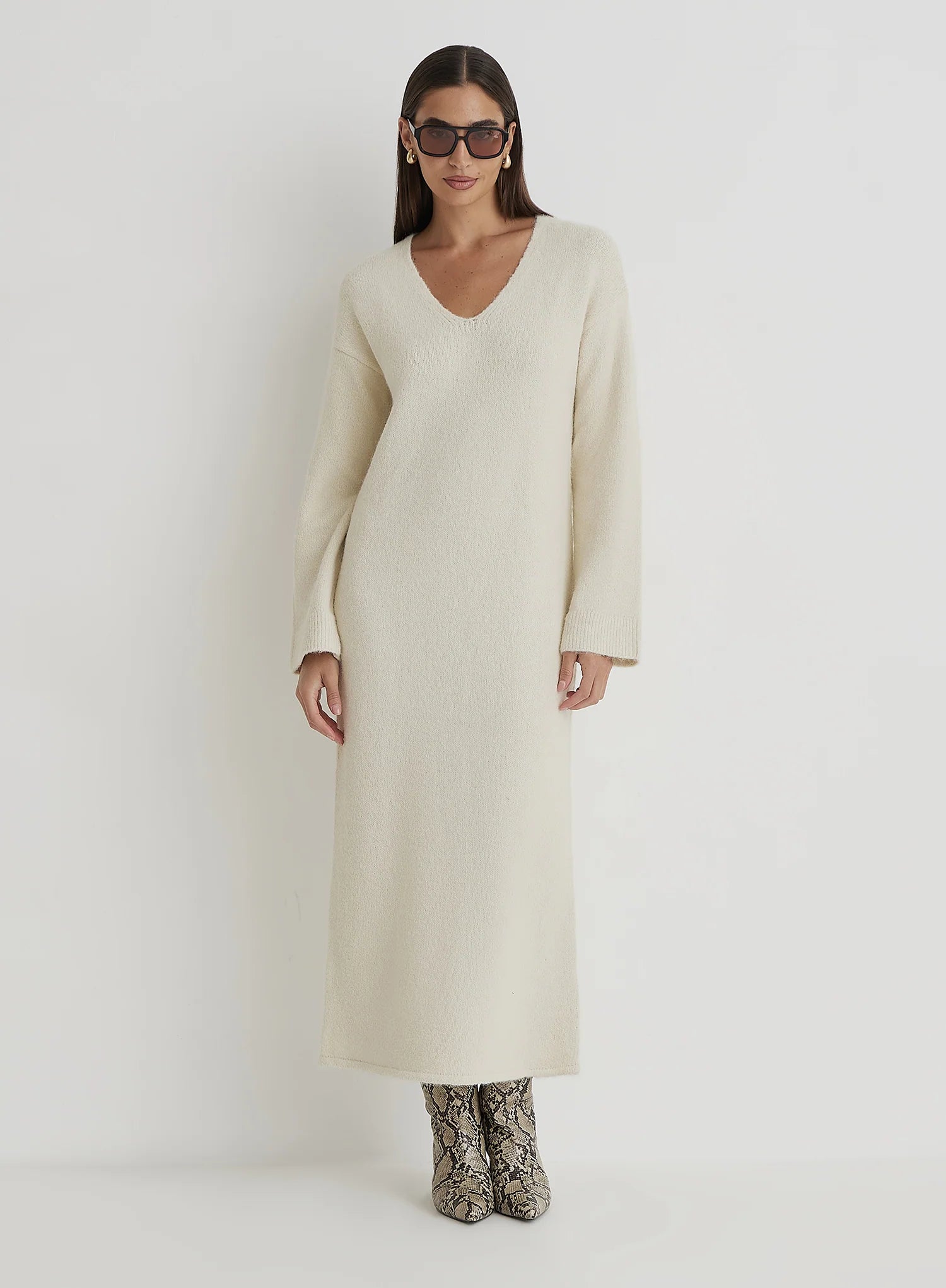 Cream V Neck Knitted Maxi Dress