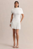 Fenella White High Neck Mini Dress With Cape Sleeves And Ruched Detailing