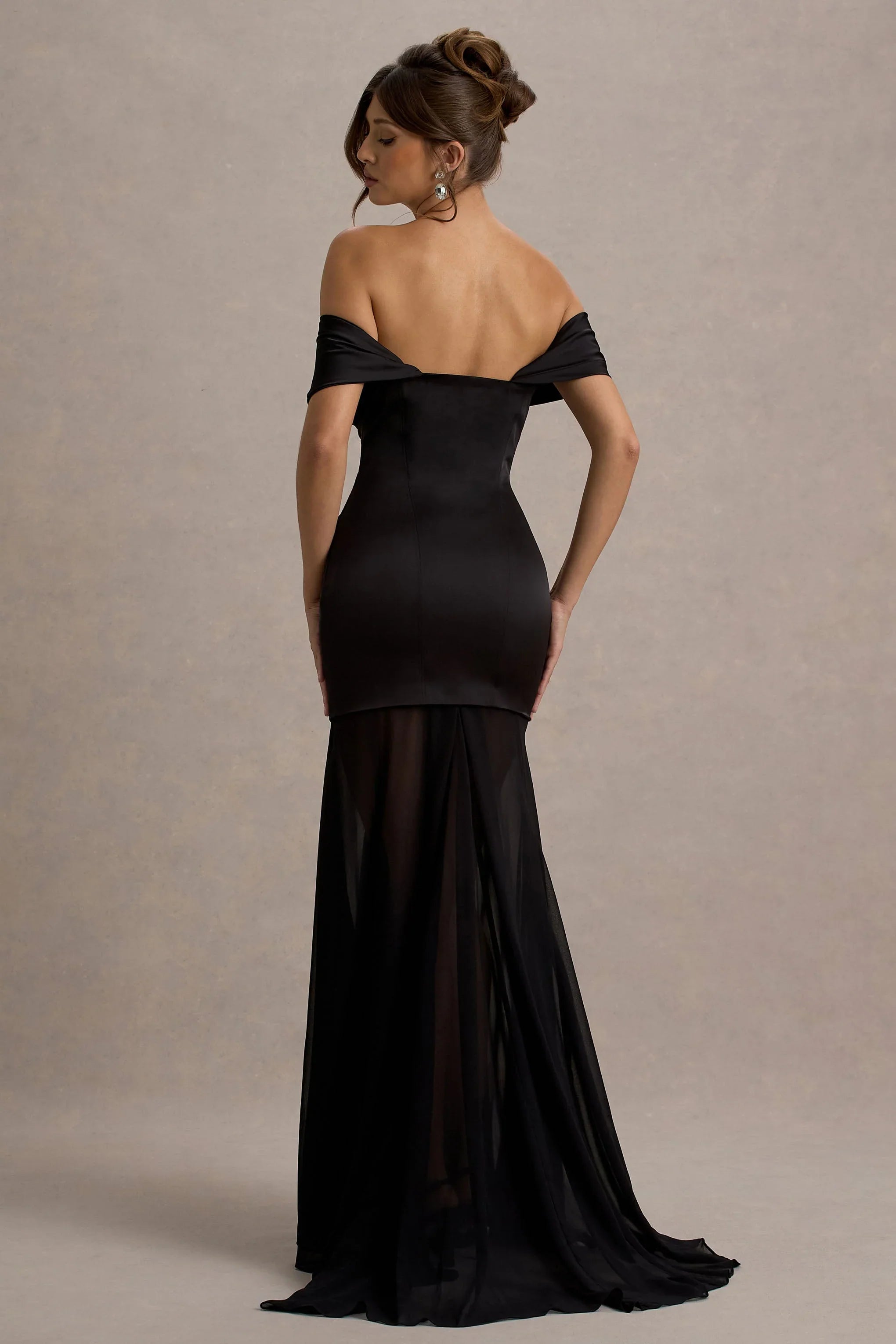 Anders Black Satin Bardot Maxi Dress With Sheer Skirt