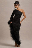 Shadow Black Sequin One Shoulder Feather Trim Maxi Dress