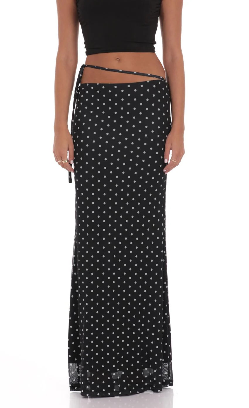Mesh Polka Dot Wrap Maxi Skirt in Black