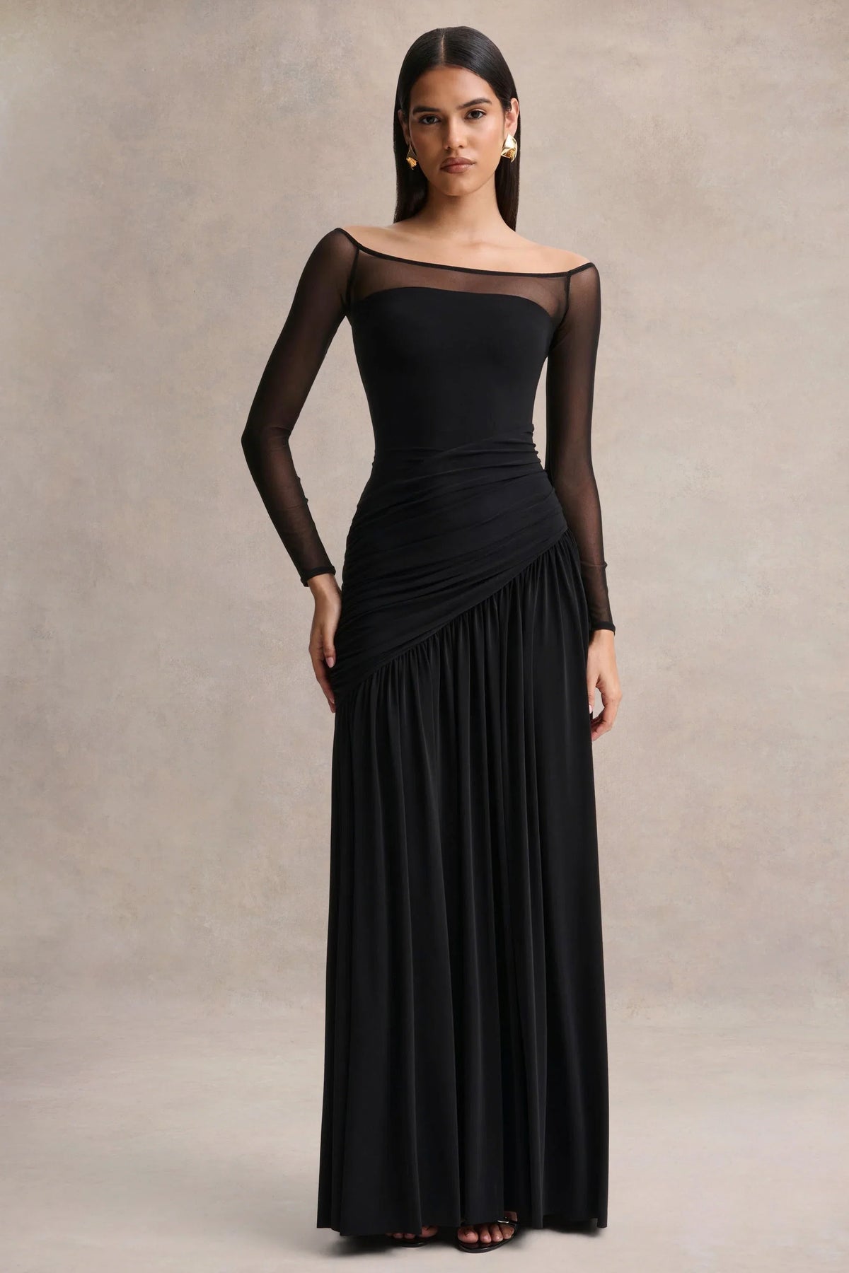 Bexley Black Bardot Neck Draped Maxi Dress With Long Mesh Sleeves