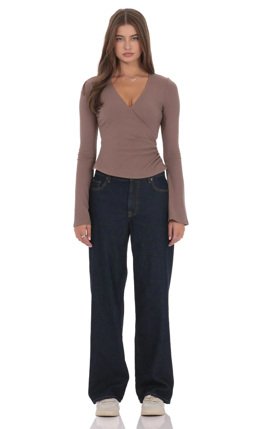 V Neck Overlap Top in Taupe